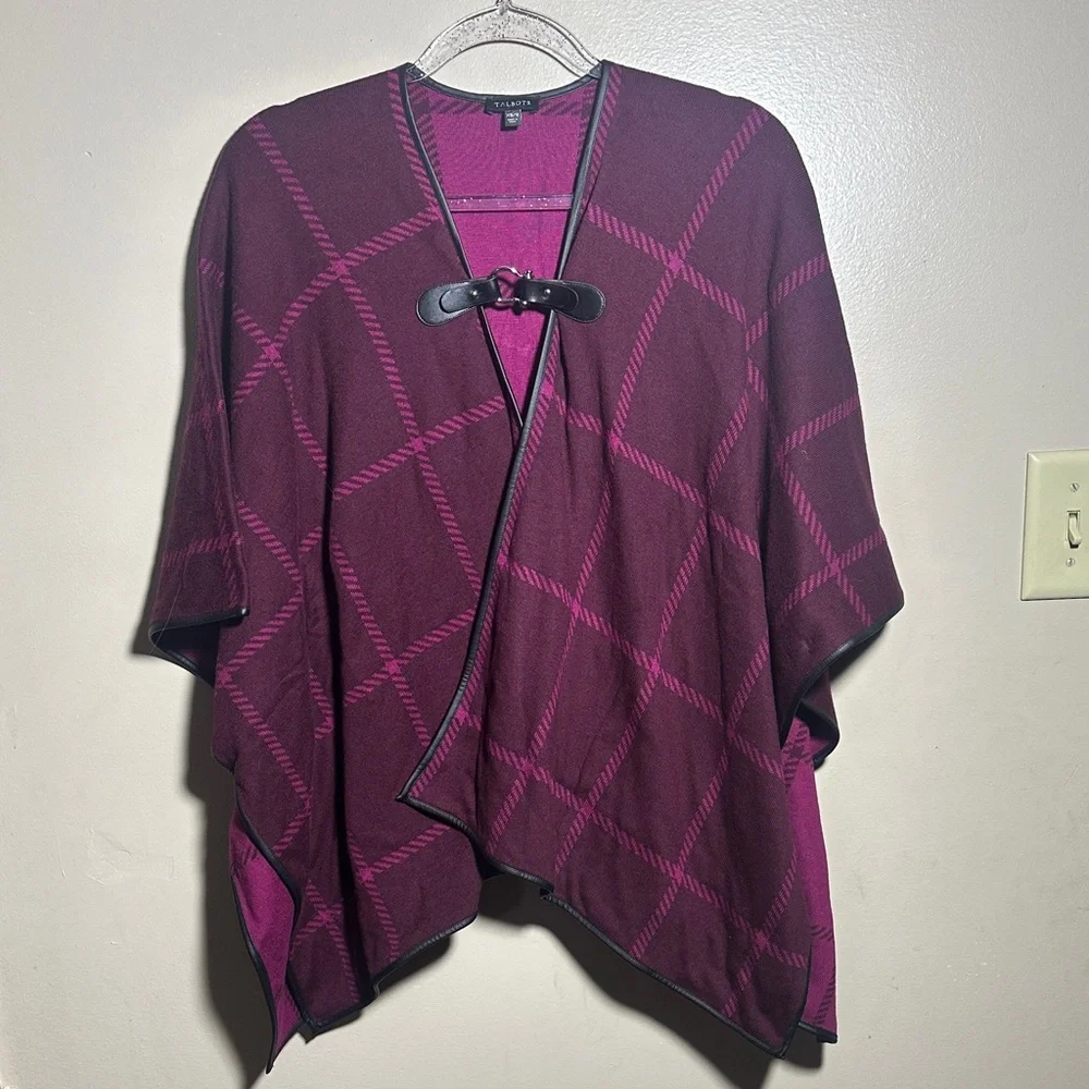 Talbots XS /‎ S Maroon Plaid Ruana Wrap Sweater - Picture 3 of 6